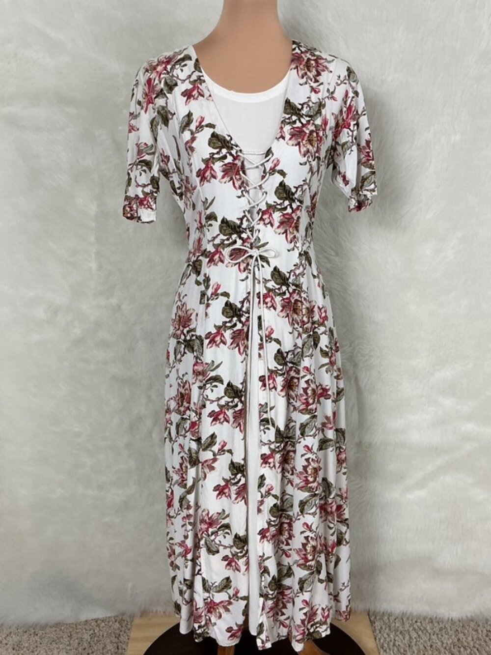 Vintage 90s Starina Ivory Green Pink Floral Lace Up Corset Midi Dress Grunge M